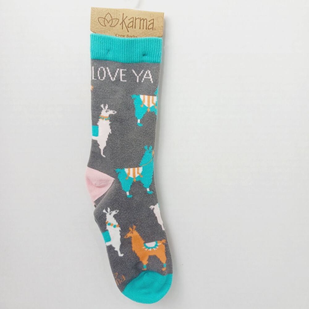 Women Boy Sock Crew Karma LLove Ya Love LLama Pink Gray Cotton Gift NWT NEW